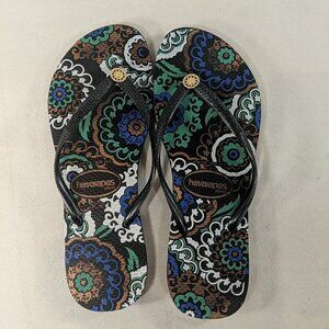 Havaianas Slim Flip Flop Sandals US 7/8 Black Multicolor Pattern Floral Gold